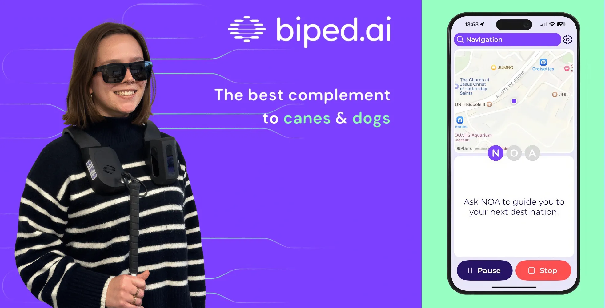 Une femme aveugle porte un harnais biped sur les épaules et une cane blanche à la main. À côté, une capture de l'application biped montre un écran de navigation avec une carte, demandant à l'utilisateur de choisir une destination.